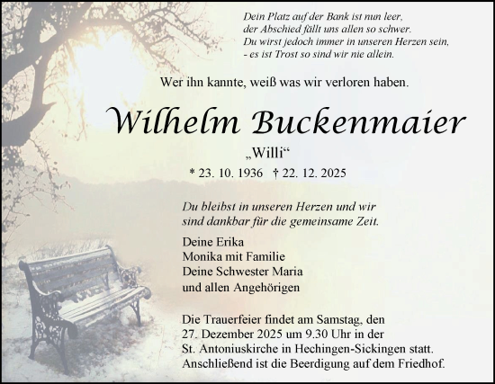 Traueranzeige von Wilhelm Buckenmaier von SÜDWEST PRESSE Zollernalbkreis/Hohenzollerische Zeitung