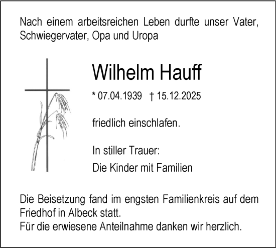 Traueranzeige von Wilhelm Hauff von SÜDWEST PRESSE Ausgabe Ulm/Neu-Ulm