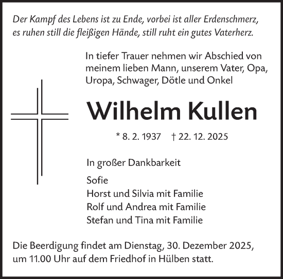 Traueranzeige von Wilhelm Kullen von Alb-Bote/Metzinger-Uracher Volksblatt