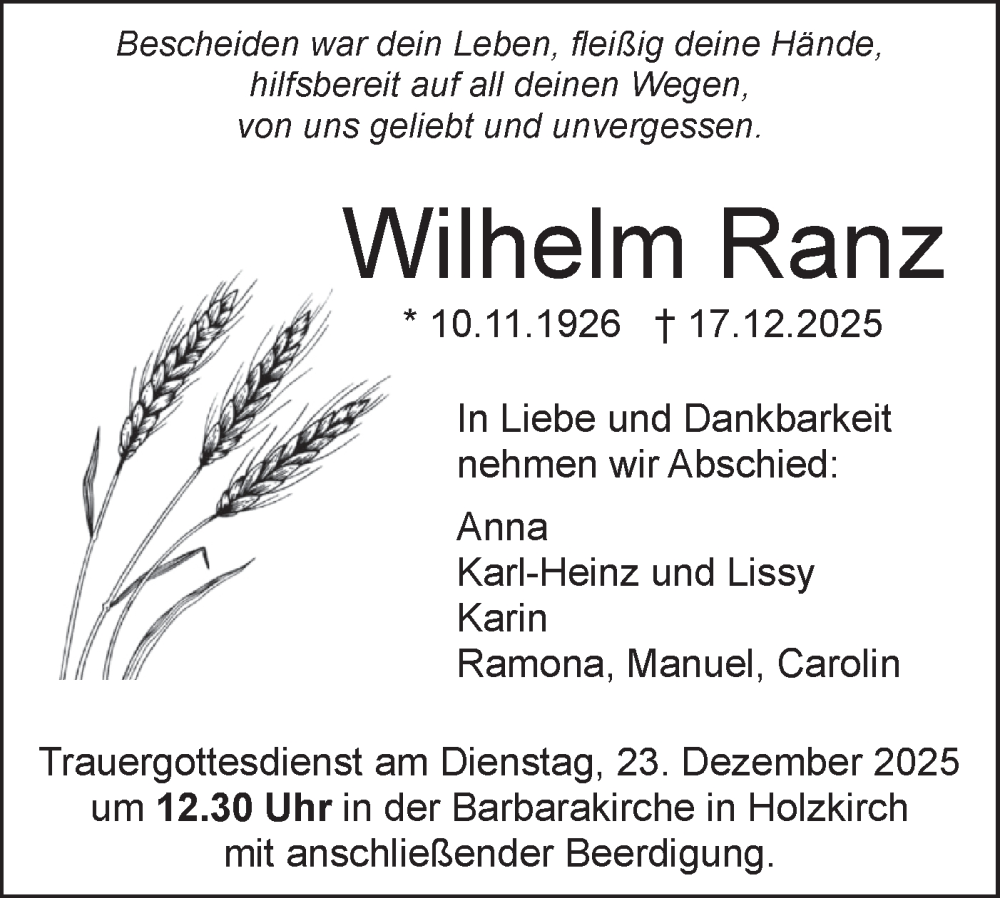  Traueranzeige für Wilhelm Ranz vom 20.12.2025 aus SÜDWEST PRESSE Ausgabe Ulm/Neu-Ulm
