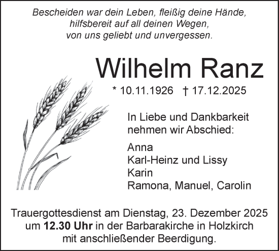 Traueranzeige von Wilhelm Ranz von SÜDWEST PRESSE Ausgabe Ulm/Neu-Ulm