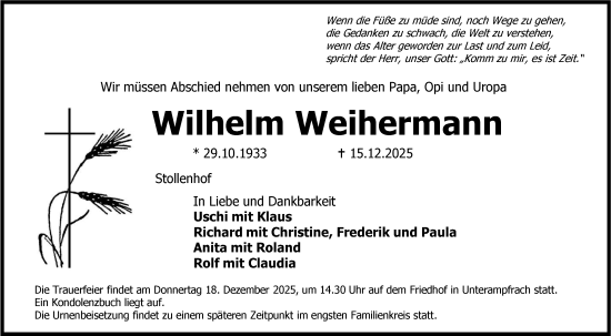 Traueranzeige von Wilhelm Weihermann von Hohenloher Tagblatt