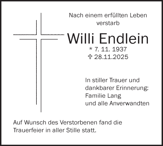 Traueranzeige von Willi Endlein von Hohenloher Tagblatt