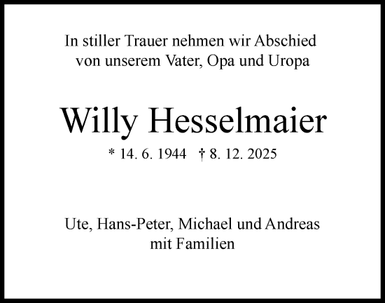 Traueranzeige von Willy Hesselmaier von Schwäbische Tagblatt