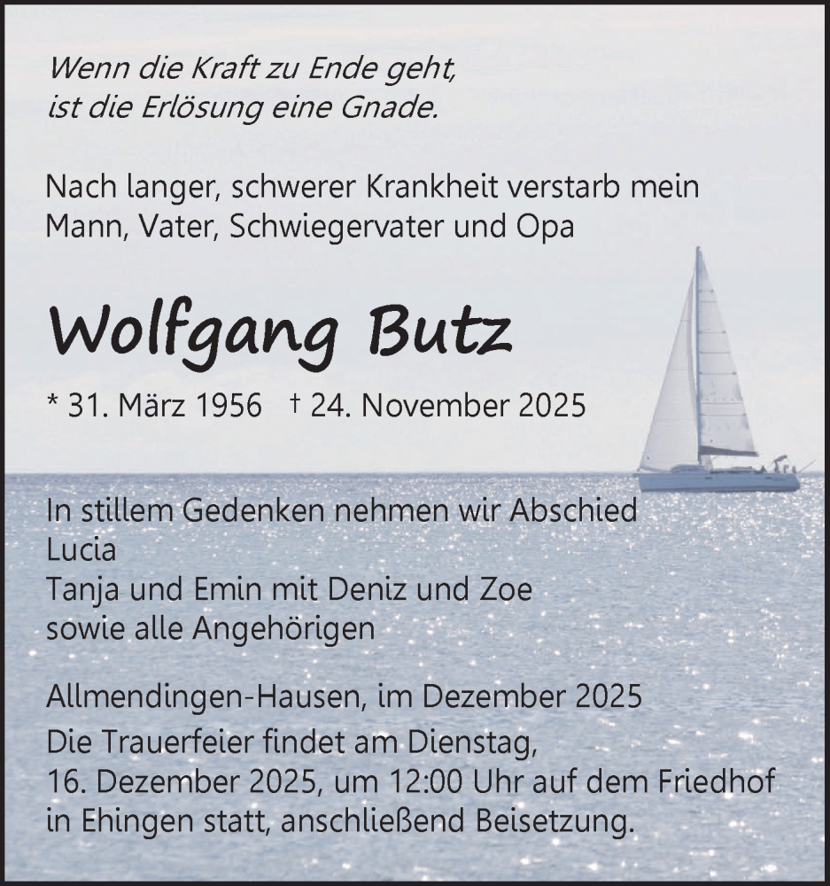  Traueranzeige für Wolfgang Butz vom 13.12.2025 aus Ehinger Tagblatt