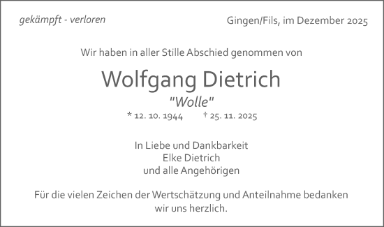 Traueranzeige von Wolfgang Dietrich von NWZ Neue Württembergische Zeitung/Geislinger Zeitung