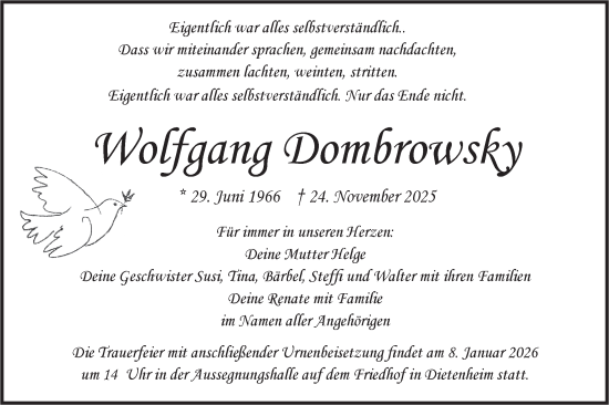 Traueranzeige von Wolfgang Dombrowsky von SÜDWEST PRESSE Ausgabe Ulm/Neu-Ulm