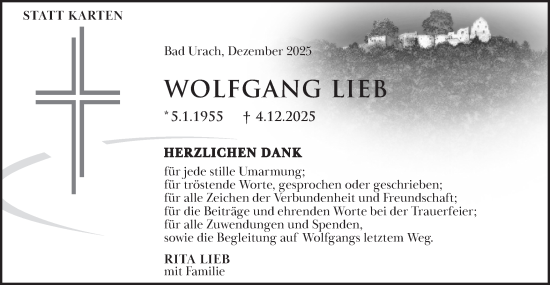 Traueranzeige von Wolfgang Lieb von Alb-Bote/Metzinger-Uracher Volksblatt