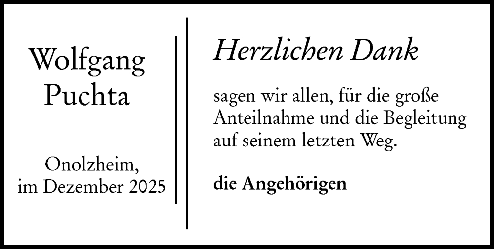  Traueranzeige für Wolfgang Puchta vom 20.12.2025 aus Hohenloher Tagblatt