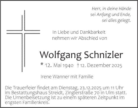 Traueranzeige von Wolfgang Schnizler von SÜDWEST PRESSE Ausgabe Ulm/Neu-Ulm