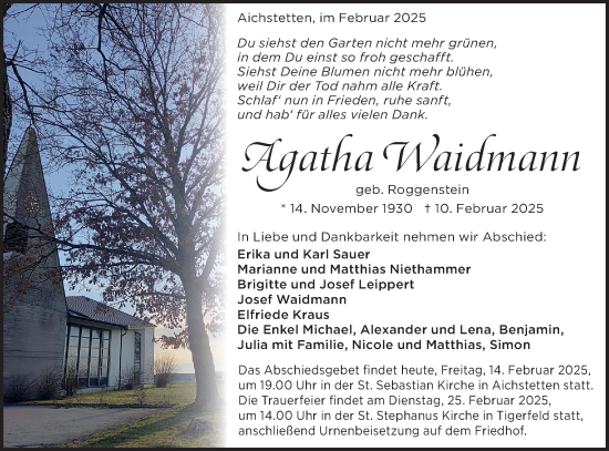 Traueranzeige von Agatha Waidmann von Alb-Bote/Metzinger-Uracher Volksblatt