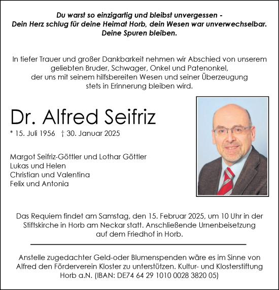 Traueranzeige von Alfred Seifriz von Neckar-Chronik