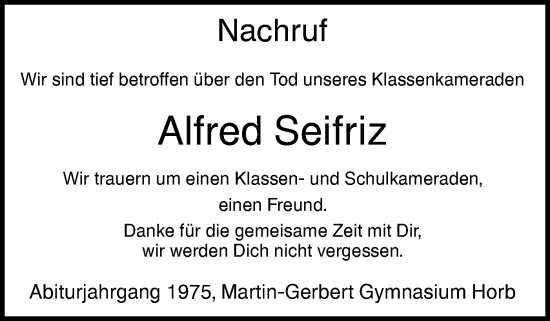 Traueranzeige von Alfred Seifriz von Neckar-Chronik