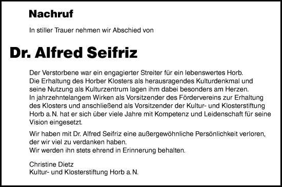 Traueranzeige von Alfred Seifriz von Neckar-Chronik