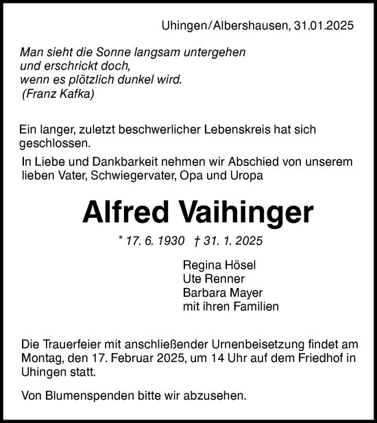 Traueranzeige von Alfred Vaihinger von NWZ Neue Württembergische Zeitung