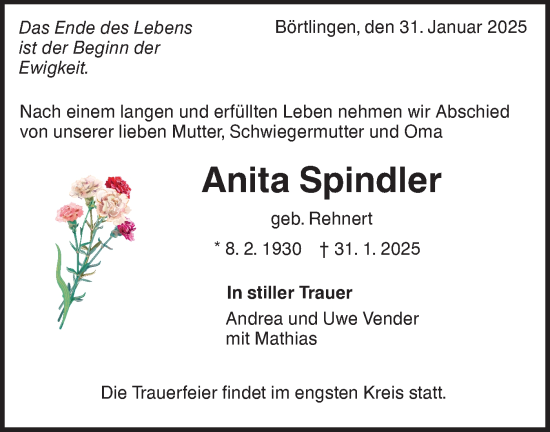 Traueranzeige von Anita Spindler von NWZ Neue Württembergische Zeitung