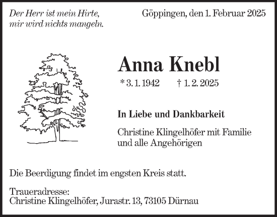 Traueranzeige von Anna Knebl von NWZ Neue Württembergische Zeitung