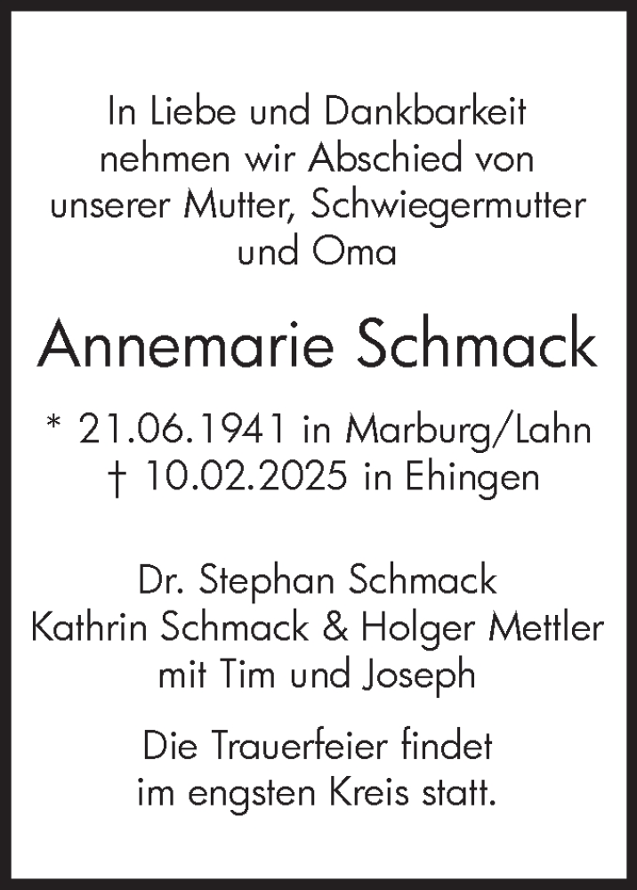  Traueranzeige für Annemarie Schmack vom 22.02.2025 aus SÜDWEST PRESSE Ausgabe Ulm/Neu-Ulm