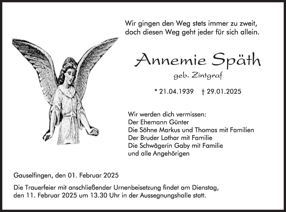  Traueranzeige für Annemie Späth vom 01.02.2025 aus SÜDWEST PRESSE Zollernalbkreis/Hohenzollerische Zeitung