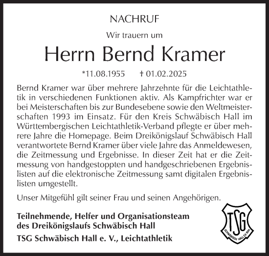 Traueranzeige von Bernd Kramer von Haller Tagblatt