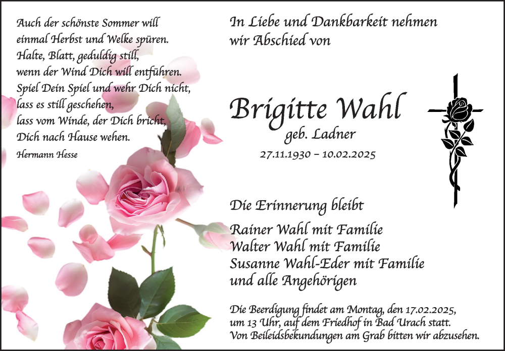  Traueranzeige für Brigitte Wahl vom 12.02.2025 aus Alb-Bote/Metzinger-Uracher Volksblatt