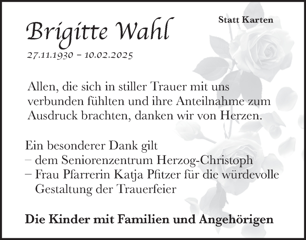  Traueranzeige für Brigitte Wahl vom 22.02.2025 aus Alb-Bote/Metzinger-Uracher Volksblatt