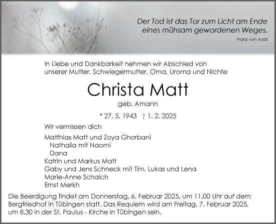 Traueranzeige von Christa Matt von Schwäbische Tagblatt