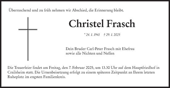 Traueranzeige von Christel Frasch von Hohenloher Tagblatt