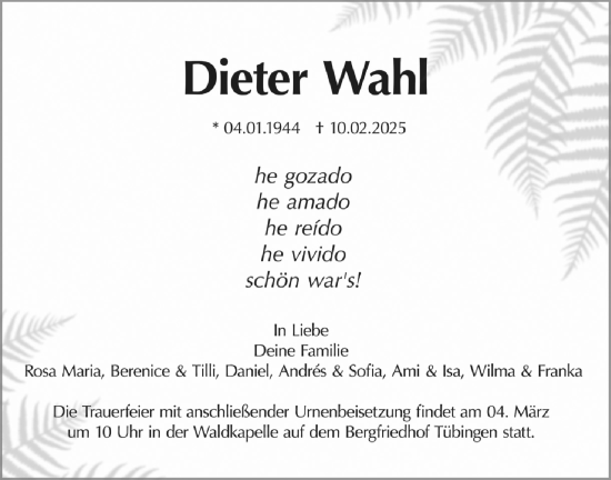 Traueranzeige von Dieter Wahl von Schwäbische Tagblatt