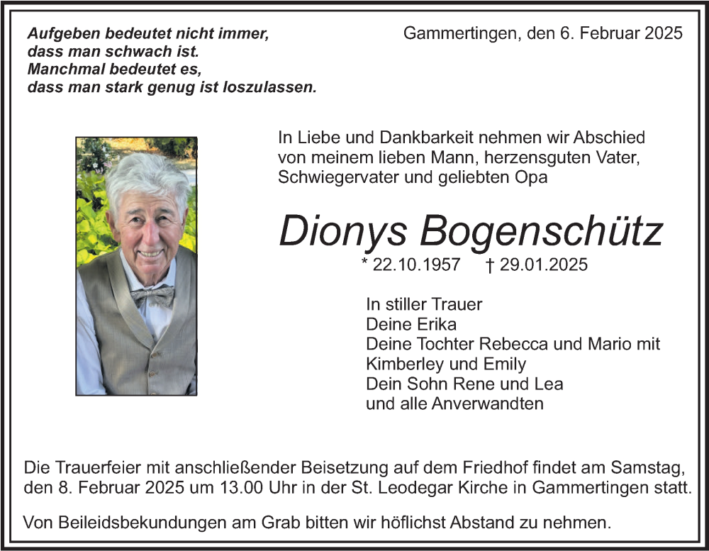  Traueranzeige für Dionys Bogenschütz vom 06.02.2025 aus SÜDWEST PRESSE Zollernalbkreis/Hohenzollerische Zeitung