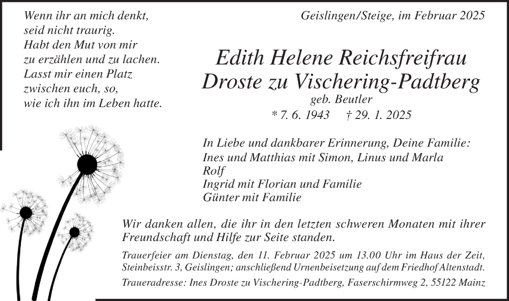 Traueranzeige für Edith Helene Reichsfreifrau Droste zu Vischering-Padtberg vom 05.02.2025 aus Geislinger Zeitung