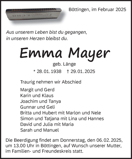 Traueranzeige von Emma Mayer von Alb-Bote/Metzinger-Uracher Volksblatt