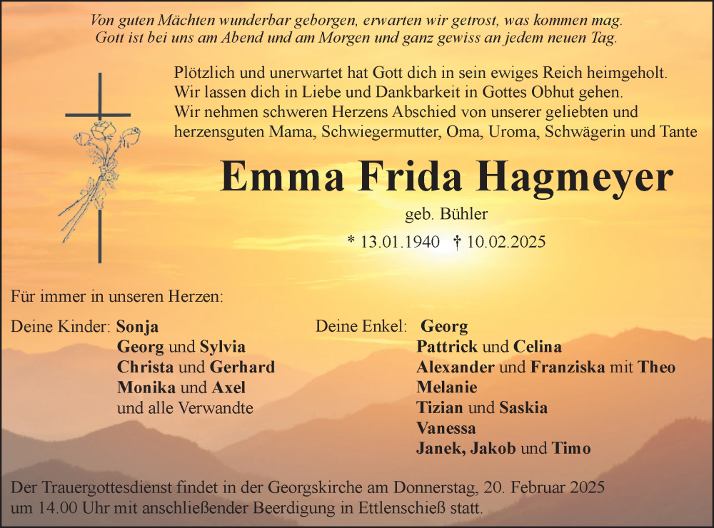  Traueranzeige für Emma Frida Hagmeyer vom 18.02.2025 aus SÜDWEST PRESSE Ausgabe Ulm/Neu-Ulm