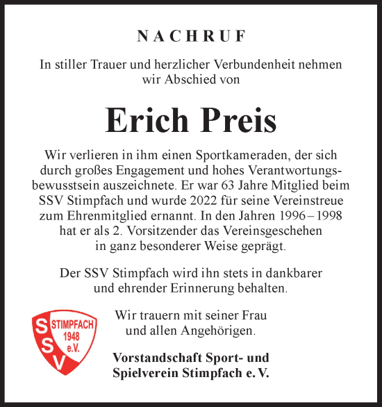 Traueranzeige von Erich Preis von Hohenloher Tagblatt