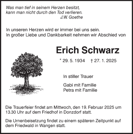 Traueranzeige von Erich Schwarz von NWZ Neue Württembergische Zeitung
