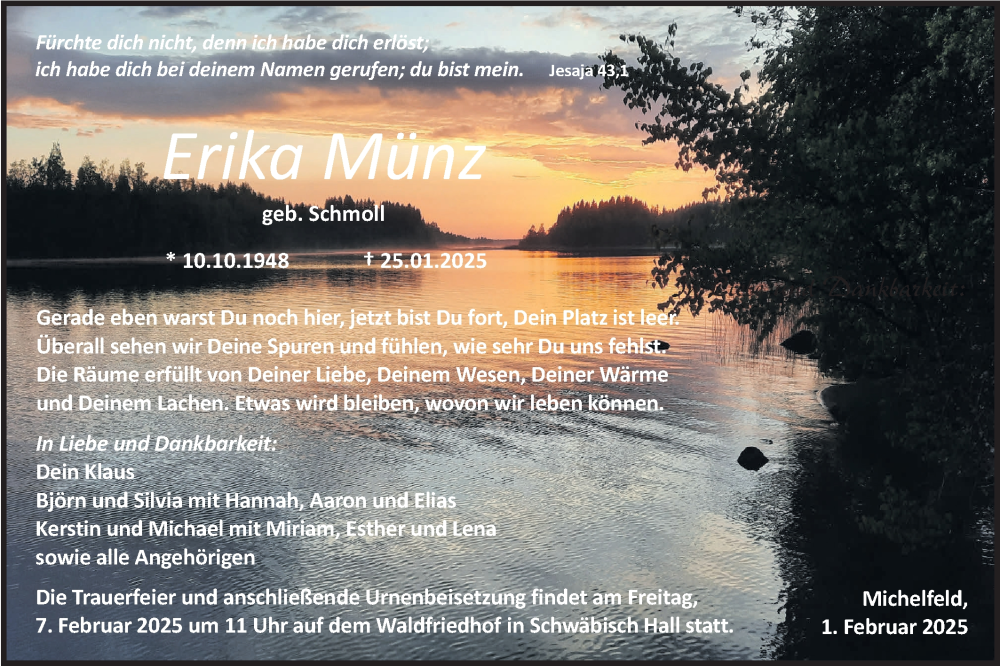  Traueranzeige für Erika Münz vom 01.02.2025 aus Haller Tagblatt
