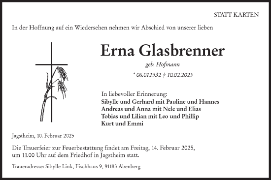 Traueranzeige von Erna Glasbrenner von Hohenloher Tagblatt