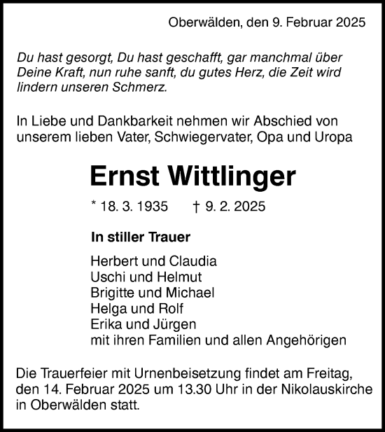 Traueranzeige von Ernst Wittlinger von NWZ Neue Württembergische Zeitung