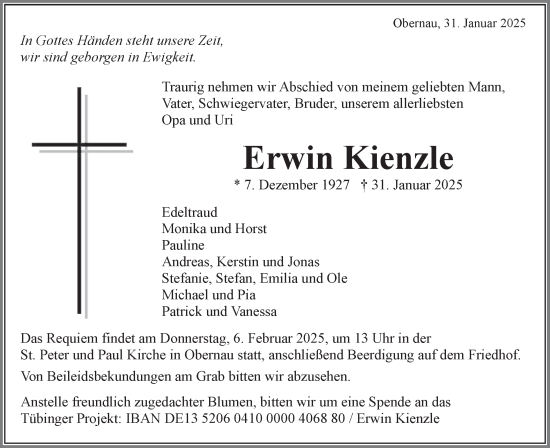 Traueranzeige von Erwin Kienzle von Schwäbische Tagblatt