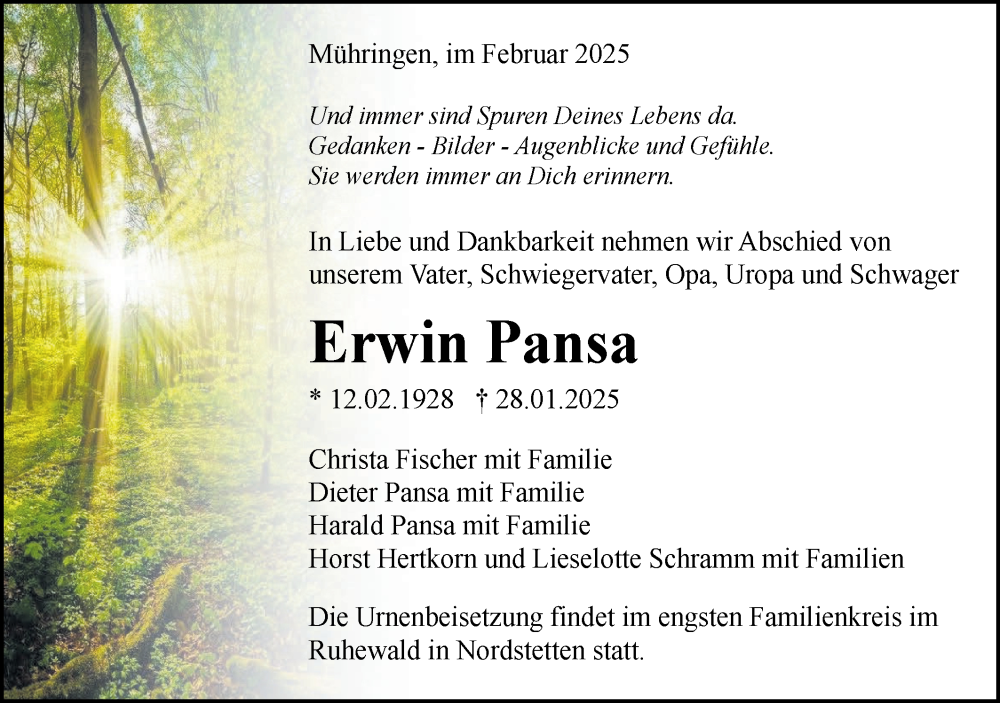  Traueranzeige für Erwin Pansa vom 01.02.2025 aus Neckar-Chronik