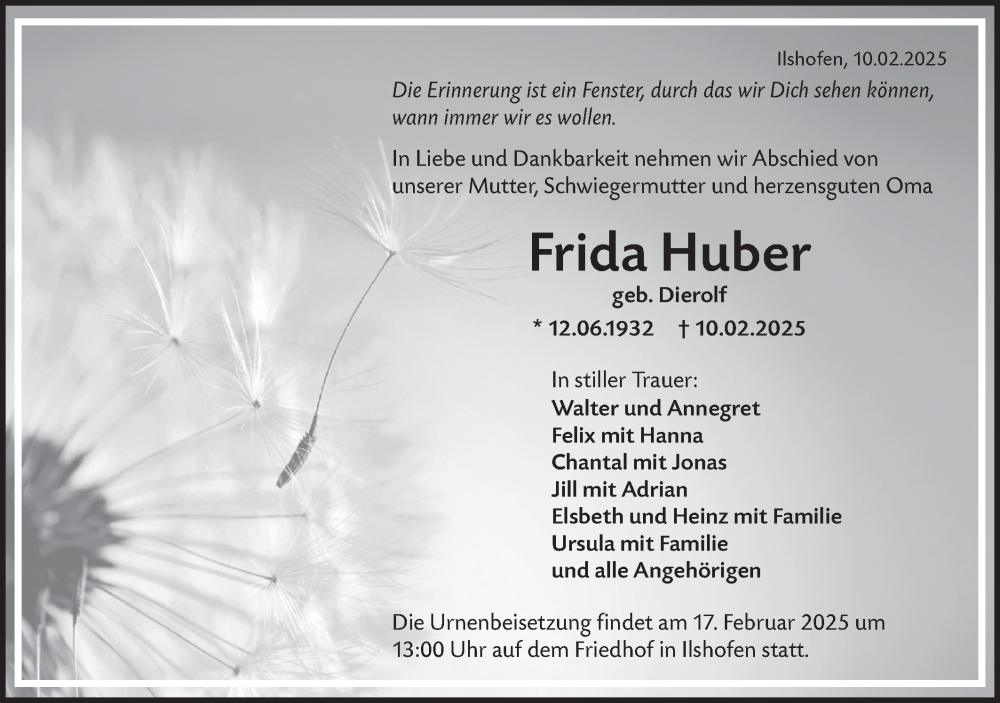  Traueranzeige für Frida Huber vom 13.02.2025 aus Haller Tagblatt