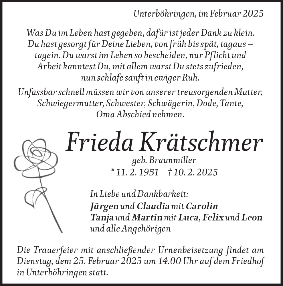  Traueranzeige für Frieda Krätschmer vom 19.02.2025 aus Geislinger Zeitung