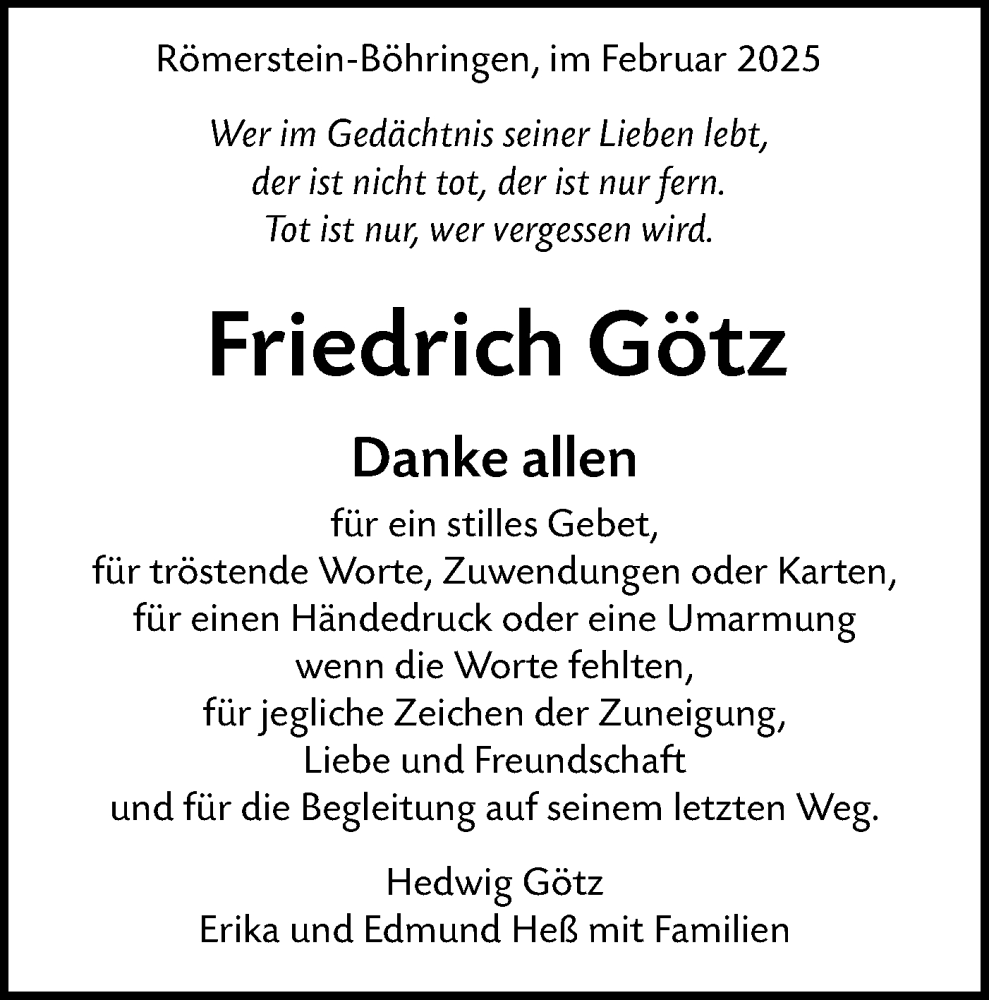  Traueranzeige für Friedrich Götz vom 11.02.2025 aus Alb-Bote/Metzinger-Uracher Volksblatt