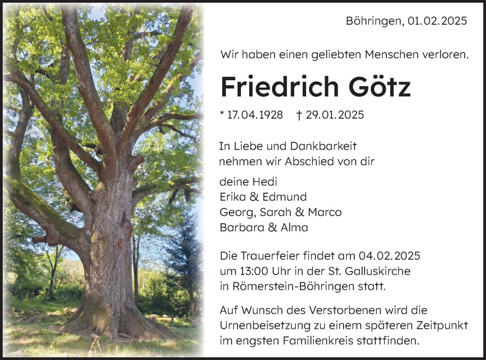  Traueranzeige für Friedrich Götz vom 01.02.2025 aus Alb-Bote/Metzinger-Uracher Volksblatt