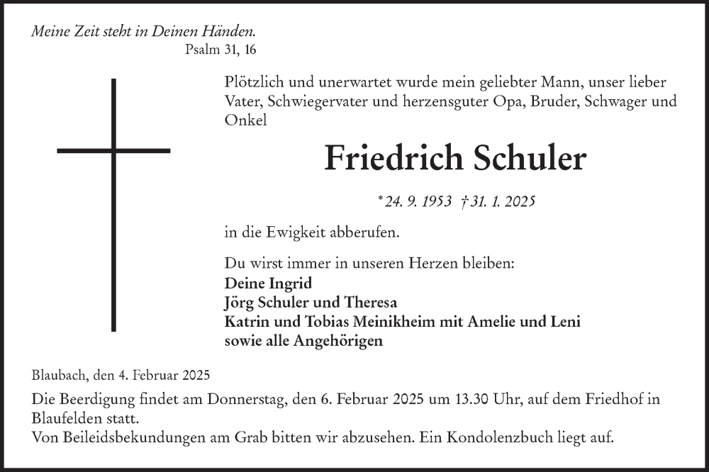  Traueranzeige für Friedrich Schuler vom 04.02.2025 aus Hohenloher Tagblatt