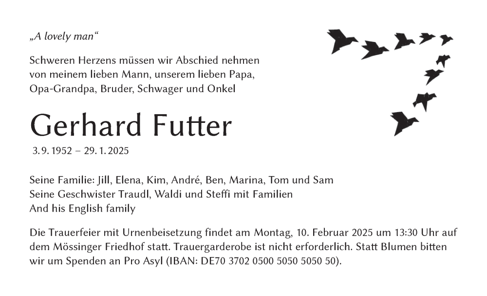 Traueranzeige für Gerhard Futter vom 06.02.2025 aus Schwäbische Tagblatt