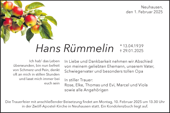Traueranzeige von Hans Rümmelin von Alb-Bote/Metzinger-Uracher Volksblatt