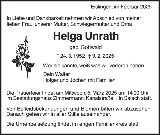 Traueranzeige von Helga Unrath von NWZ Neue Württembergische Zeitung