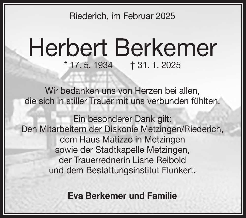  Traueranzeige für Herbert Berkemer vom 22.02.2025 aus Alb-Bote/Metzinger-Uracher Volksblatt