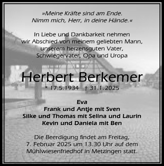Traueranzeige von Herbert Berkemer von Alb-Bote/Metzinger-Uracher Volksblatt